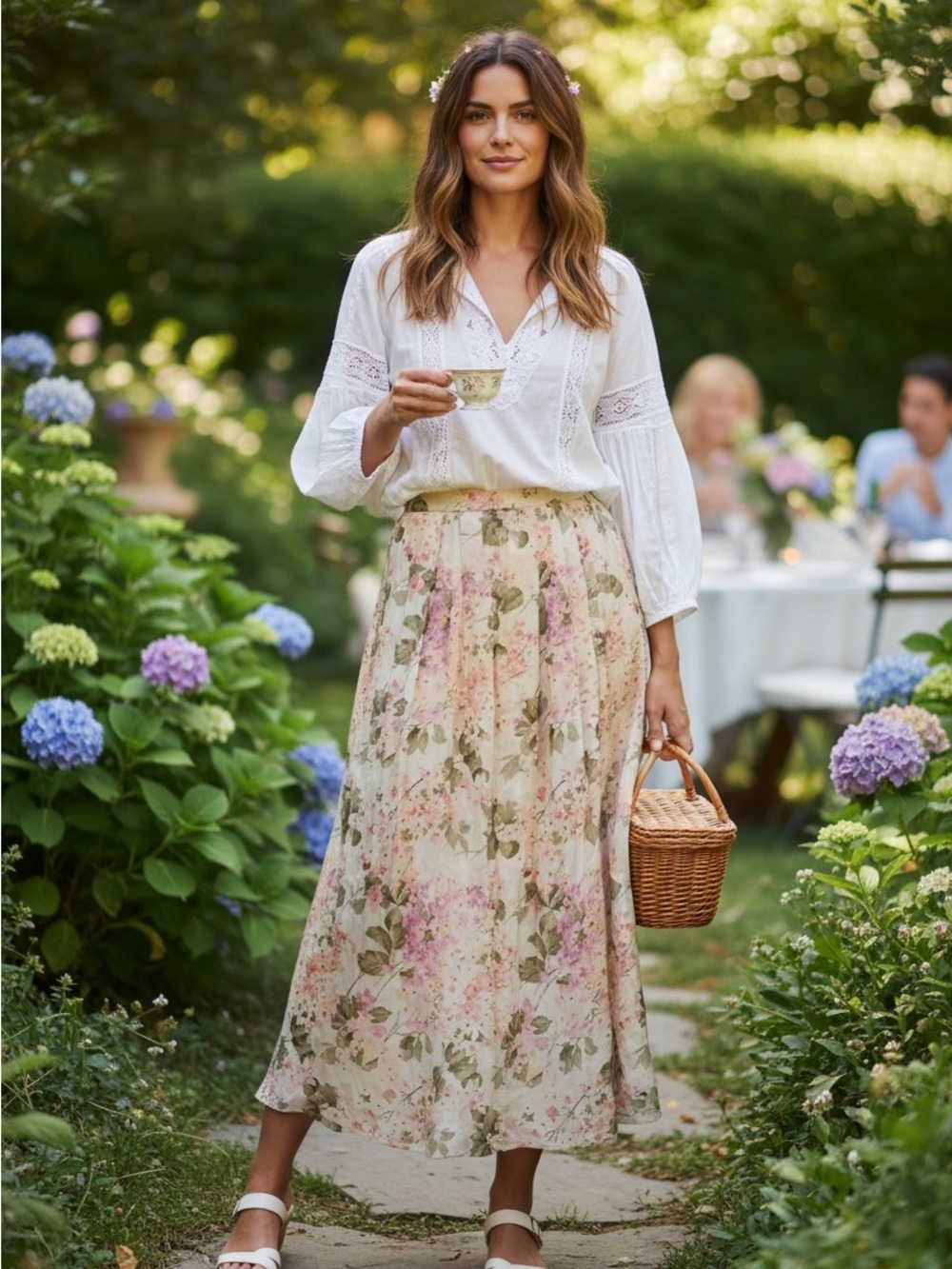 100% Silk Floral Skirt in Soft Pink and Cream